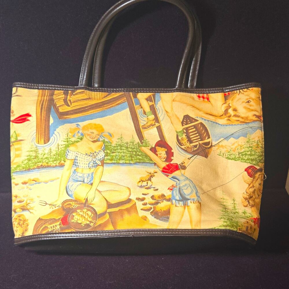 Vintage August Accessories Y2K Pinup Girl Canvas Tote Bag Lake Camping Fishing